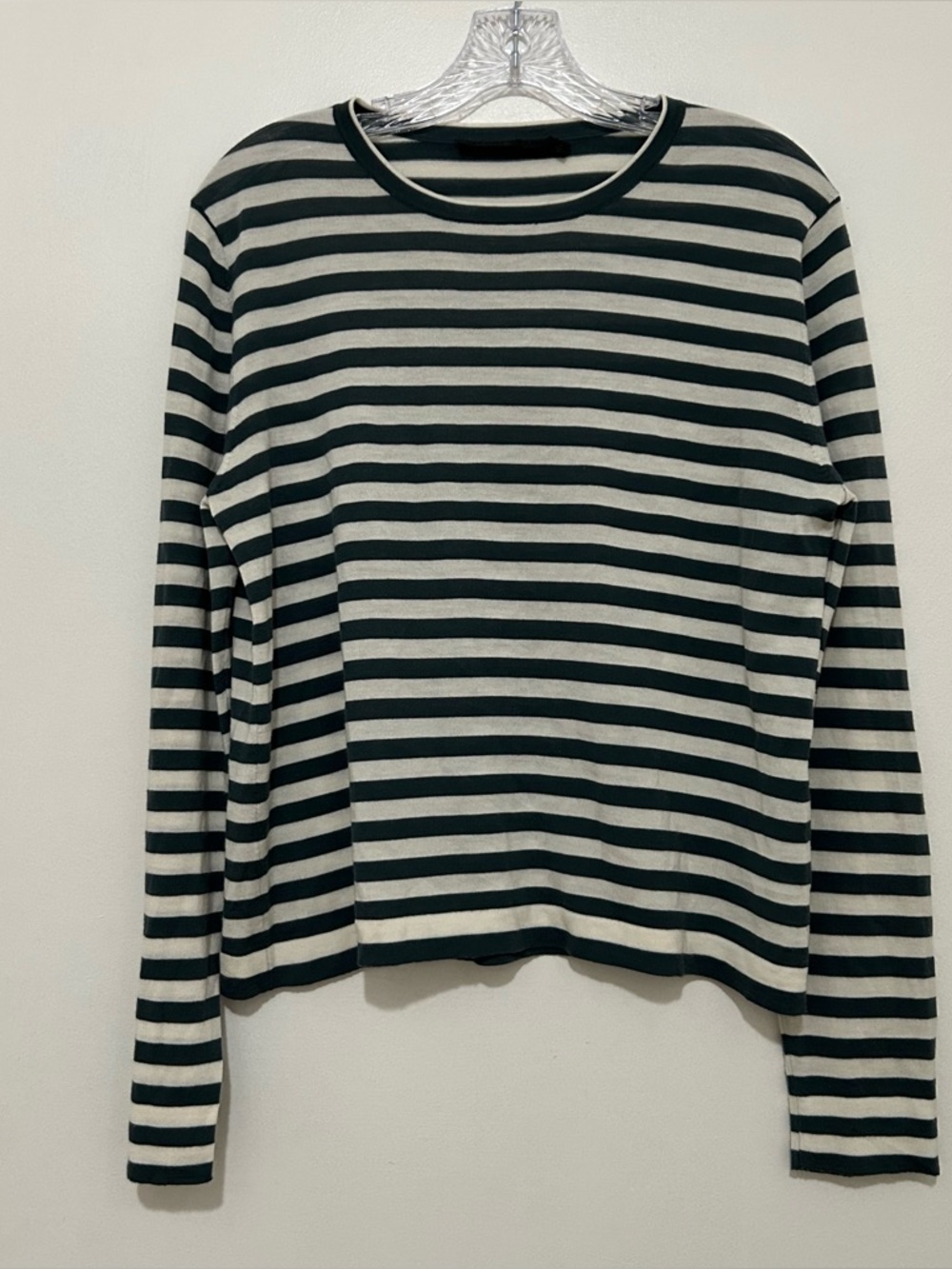 Jenni Kayne 100% Merino Wool Striped Long Sleeve Knit Sweater Top Cream Grey L
